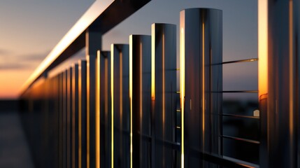 sleek and minimal metal fence with vertical bars, the tops of each capped with a glowing LED for nighttime illumination