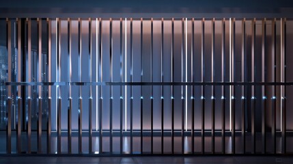 Obraz premium sleek and minimal metal fence with vertical bars, the tops of each capped with a glowing LED for nighttime illumination