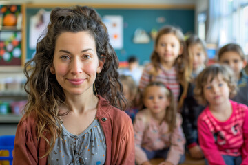 Fototapeta premium Photography of european school classroom scene with children in background and the teacher on front.
