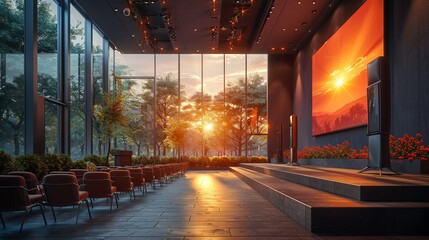 Educational conference stage mockup with keynote speakers, academic presentations, and educational institution banners. , Minimalism,