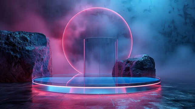 Customize your stage presence with a detailed glass podium mockup in realistic lighting. , Minimalism,