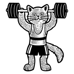 Cat weight lifter athlete sketch engraving PNG illustration. T-shirt apparel print design. Scratch board imitation. Black and white hand drawn image.