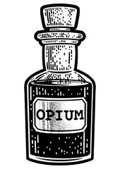 opium potion in small bottle sketch engraving PNG illustration. T-shirt apparel print design. Scratch board imitation. Black and white hand drawn image.
