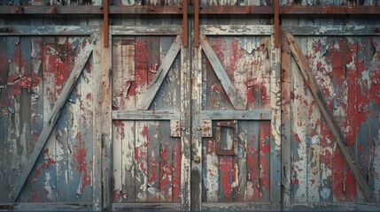 garage door designed to look like a series of old, weathered barn doors, complete with peeling paint and rustic hardware