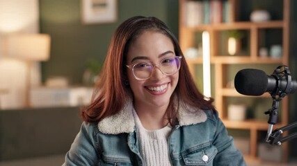 Woman, face and microphone or happy podcast, influencer and home for broadcast for live streaming gen z. Content creator, apartment and streamer for web chat, smile and online audience entertainer