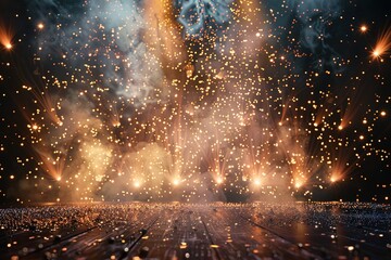 Fototapeta premium concert stage, no instruments, glitter background, metallic confetti, shades of light and gold, creative 