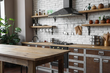 Empty wooden table in beautiful kitchen. Interior design