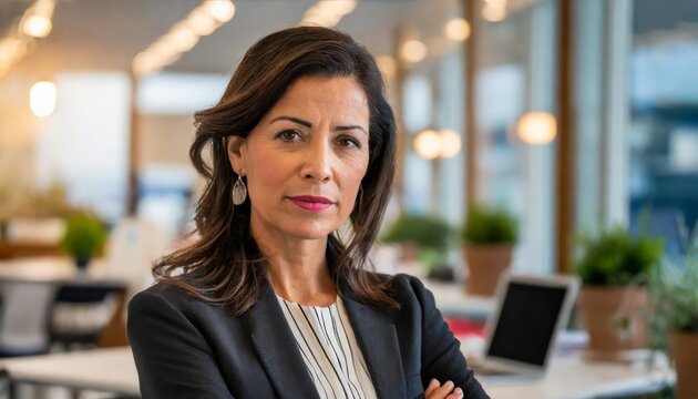 a stern frowning beautiful mature female office manager with arms cross , generated by AI. High quality photo