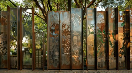 boundary fence crafted from polished metal sheets, each engraved with a map of different world cities, combining art with function