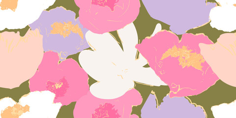 Big Abstract Peony Flowers backdrop. Vector Floral simple minimalistic seamless pattern on dark background.