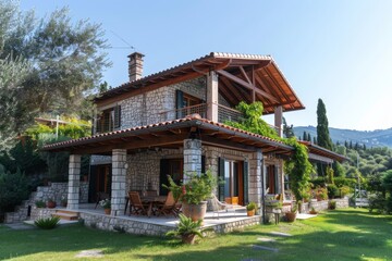 Stone House with Wooden Accents and a Lush Garden