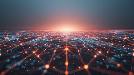 An abstract AI landscape, with glowing lines and nodes stretching across a virtual horizon, depicting a network of artificial intelligence connections.