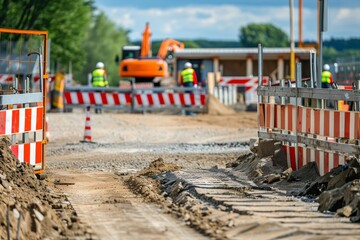 Construction Site with Excavator and Barriers