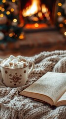 A cozy scene of an open book with a festive cover and a mug of hot cocoa topped with marshmallows, set on a soft blanket near a fireplace 