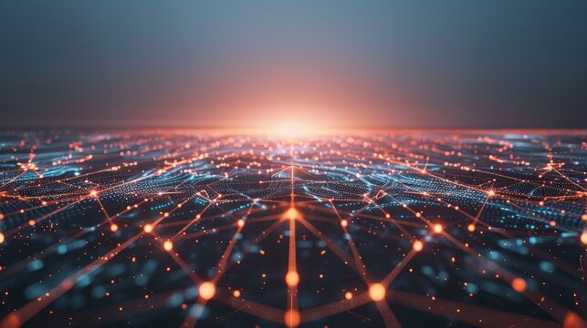 An abstract AI landscape, with glowing lines and nodes stretching across a virtual horizon, depicting a network of artificial intelligence connections. - Powered by Adobe