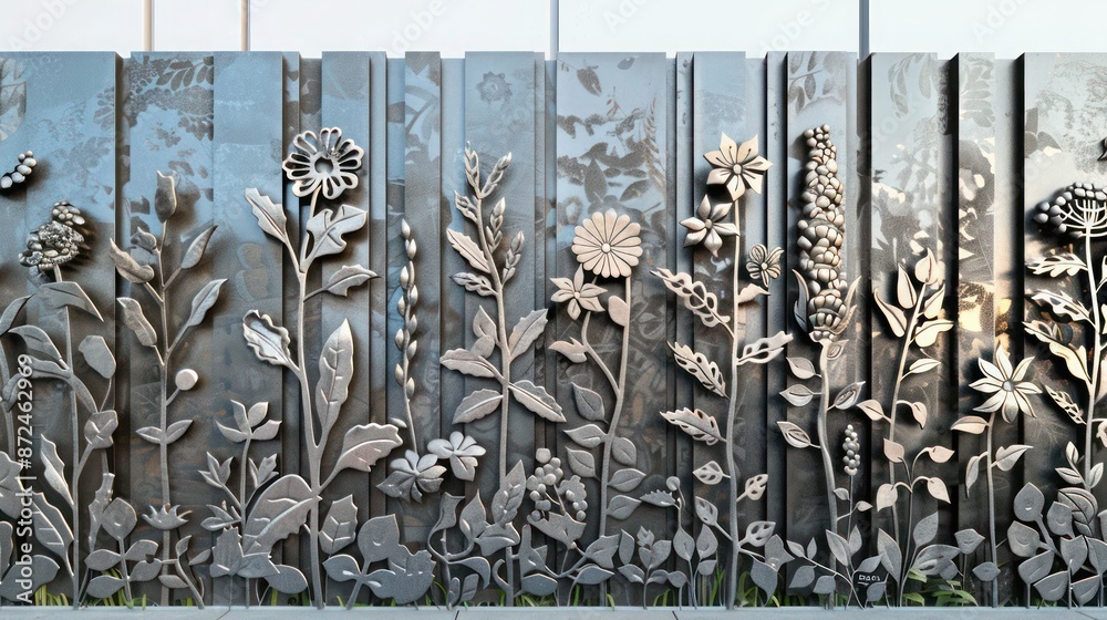 Wall mural continuous fence with each metal panel engraved with different botanical patterns, creating a garden