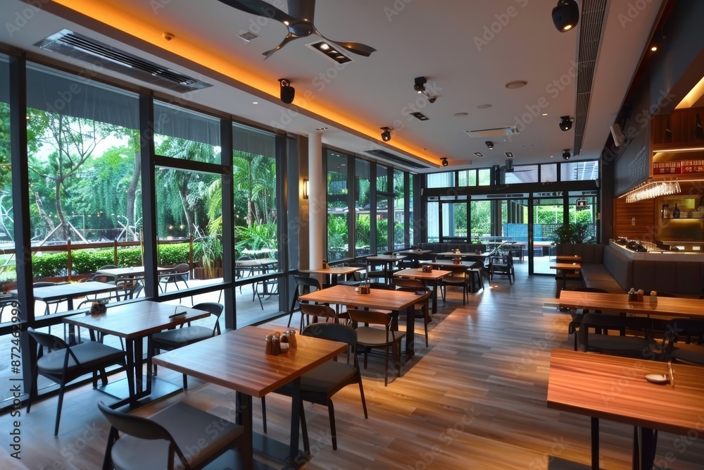 Sticker modern restaurant interior with wooden tables and chairs