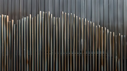 continuous fence of thin, vertical metal rods, each rod varying in height to create a wave-like top edge
