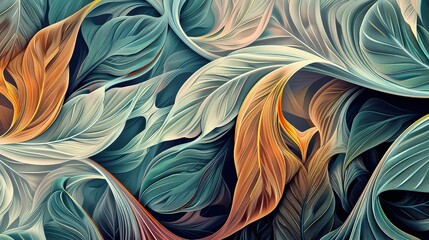 An abstract composition where leaf textures are abstracted into flowing, organic lines. The illustration captures the essence of nature's forms, creating a dynamic and engaging visual experience. 