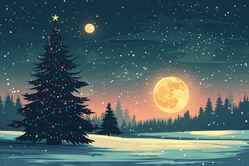 Fototapeta premium A night sky filled with stars and a bright full moon, with a silhouette of a snowy pine forest and a decorated Christmas tree in the foreground