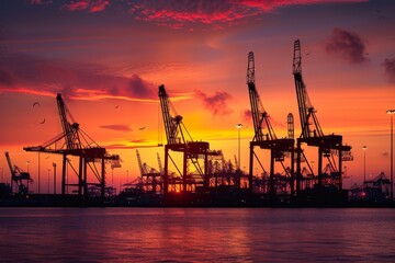 Obraz premium Silhouettes of Cranes at Sunset