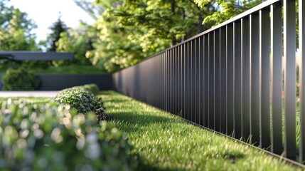 Fototapeta premium continuous metal fence with a glossy black finish and sharp, clean lines, providing a stark contrast to a manicured lawn