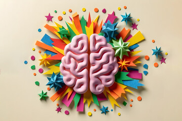 Paper-Cut Brain with Colorful Bursts Explosions Symbolizing Hyperactivity and Impulsivity of ADHD