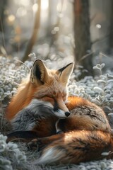 Obraz premium Curled Up Red Fox Resting Peacefully in Snowy Forest Glade with Luminous Watercolor Effect