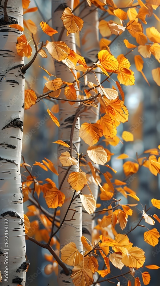 Poster Golden Autumn Leaves Rustling on Elegant Birch Trees in Warm Sunlight