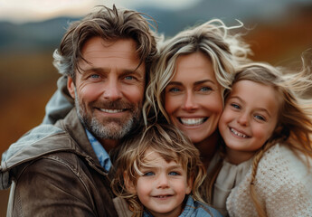 Fototapeta premium Happy Family of Four Enjoying Outdoor Adventure with Smiles and Embraces..