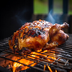 Roasted chicken on the grill with flames on background, closeup