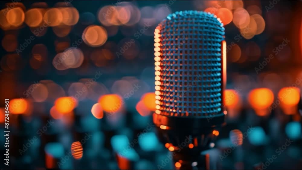 Poster This close-up of a microphone in a recording studio with warm lights in the background.