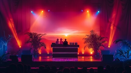 Charity fundraising event stage podium with donation graphics, volunteer silhouettes, and supportive crowd. , Minimalism,