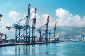 Fototapeta premium Container Cranes and Cargo Ship in a Busy Harbor