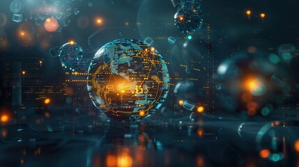 AI-powered cybernetic orb, surrounded by floating, glowing elements, symbolizing the gathering and processing of global data.