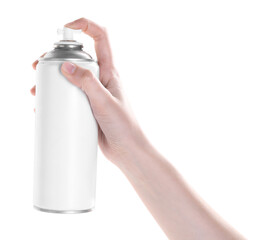 Man with can of spray paint on white background, closeup