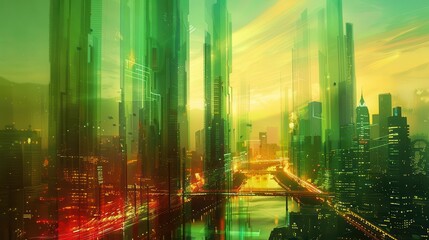 Palm vein biometrics in a green smart city front view future urban sustainability scifi tone Triadic color scheme