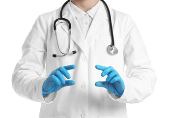 Doctor holding something on white background, closeup