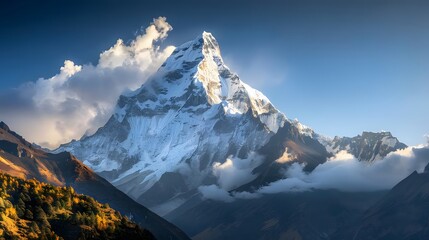 Majestic mountain peak snow covered panoramic landscape generated. 