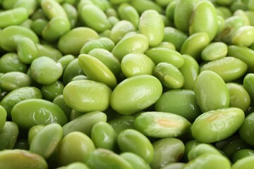 Raw green edamame soybeans as background, closeup