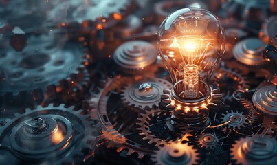 Idea Lightbulb A glowing lightbulb surrounded by interconnected gears and circuits