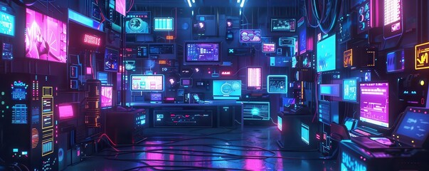 Smart devices promoting regular breaks and efficient sharing in remote work, Cyberpunk, Neon, 3D rendering, highly detailed