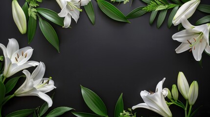 An elegant frame encircled by white lilies and green foliage on a stark black background, offering a contrast of purity and mystery. © Nazia