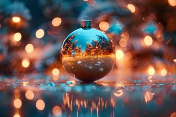  shiny Christmas bauble reflecting the room’s festive decorations, with a soft-focus background of twinkling fairy lights