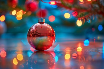  shiny Christmas bauble reflecting the room’s festive decorations, with a soft-focus background of twinkling fairy lights