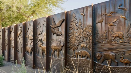 fence made of heavy-duty metal plates, each embossed with high-relief sculptures of local wildlife, blending art with function