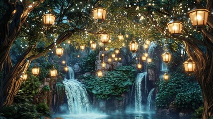 garden with a sparkling waterfall, surrounded by trees with lanterns hanging from their branches, casting a soft light.