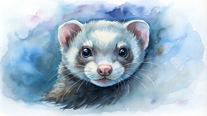 Isolated watercolor of a ferret peeking.