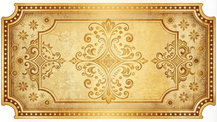 ornate golden vintage ticket template with intricate design elements, distressed textures, and classic font styles on a cream background.