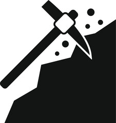 Black and white icon of a pickaxe mining coal in a mountain